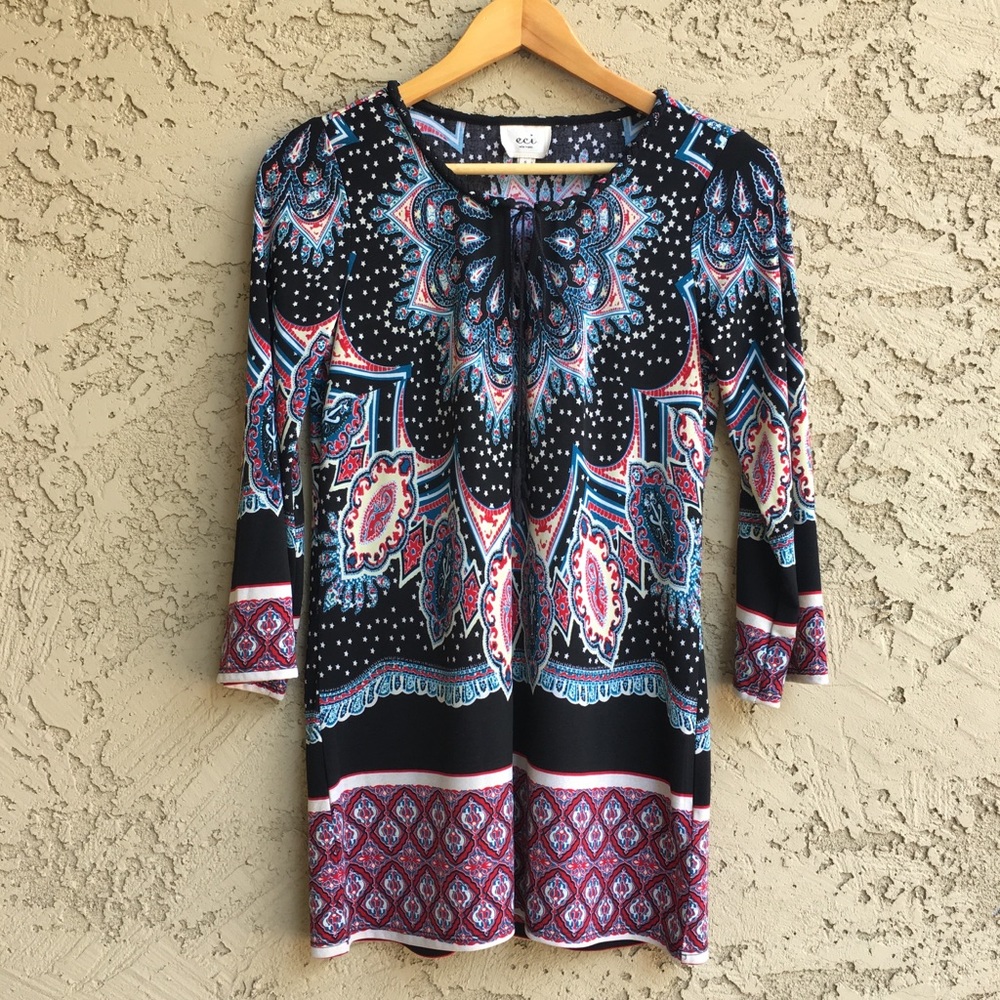 Amazing Long Tunic Blouse Dress Stars Red Blue